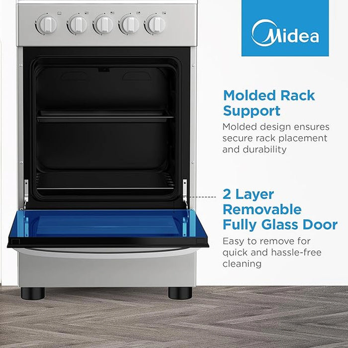 Midea 50x55cm Freestanding Cooker, Full Gas Cooking Range With 4 Burners, Manual Ignition And Full Safety MFO-MG20TE-OL Silver