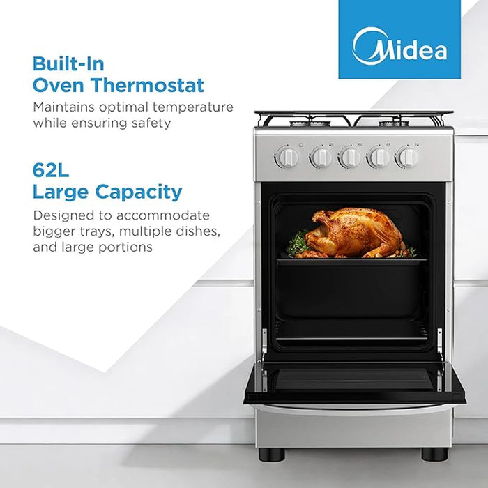 Midea 50x55cm Freestanding Cooker, Full Gas Cooking Range With 4 Burners, Manual Ignition And Full Safety MFO-MG20TE-OL Silver
