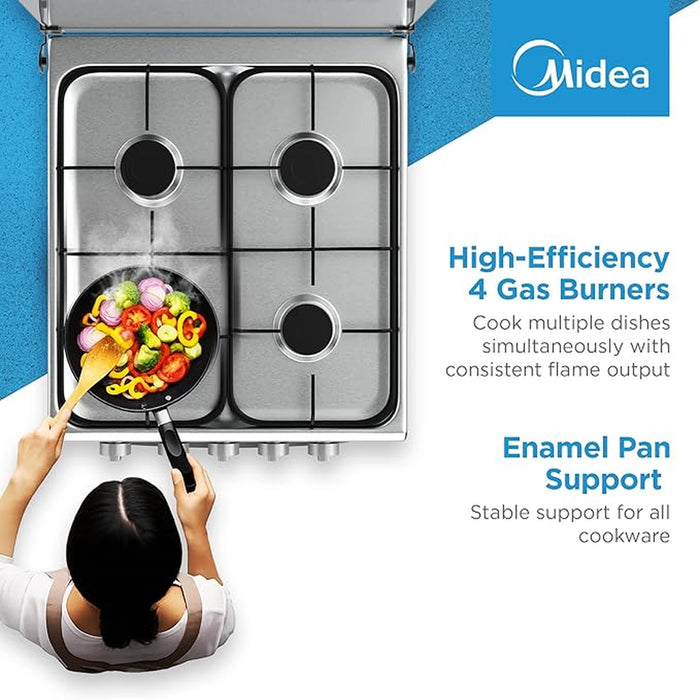 Midea 50x55cm Freestanding Cooker, Full Gas Cooking Range With 4 Burners, Manual Ignition And Full Safety MFO-MG20TE-OL Silver