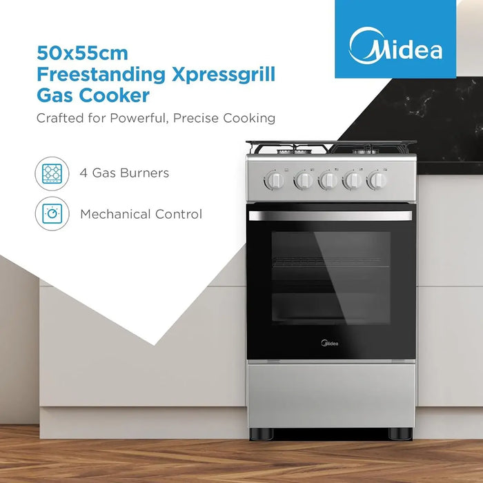 Midea 50x55cm Freestanding Cooker, Full Gas Cooking Range With 4 Burners, Manual Ignition And Full Safety MFO-MG20TE-OL Silver
