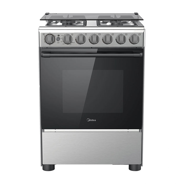 Midea 60x60cm Freestanding Gas Cooker | 4 Burners | Automatic Ignition & Safety | Cast Iron Pan Support | Stainless Steel Finish | Separate Knob for Oven Grill | BME62058FFD-D EROS