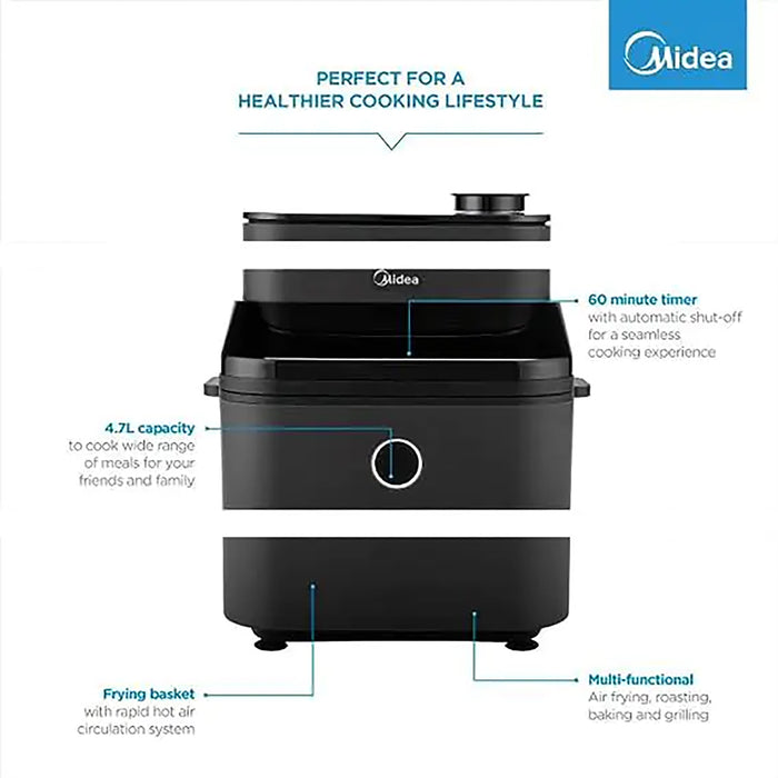 Midea 7.3L Extra Large Digital Air Fryer | MFCY75A2 | 1500W | Large See-Through Window | Dual Frying Functions | 8 Functions with Digital Panel | Dual Cyclone Rapid Hot Technology | Largest Oil Less Fryer