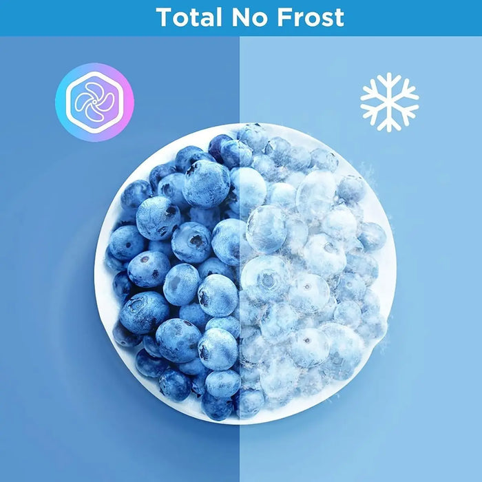 Frozen berries with 'Total No Frost' label on a blue background