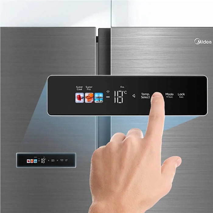 Hand interacting with a digital control panel on a refrigerator, with Midea branding visible.