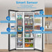Smart refrigerator with open doors displaying various food items, labeled with temperature sensors.
