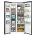 Open refrigerator with various food items inside on a white background