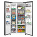 Open refrigerator with various food items inside on a white background