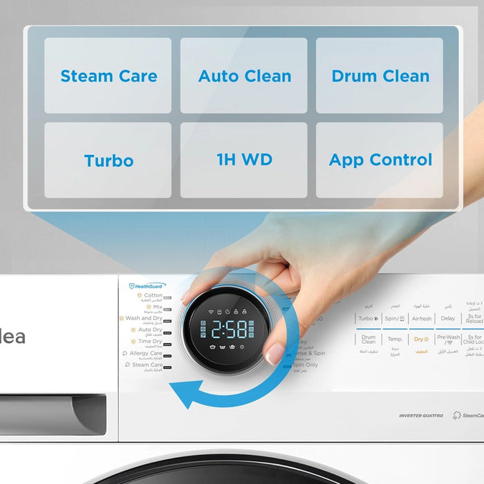 Midea 8/6 KG Smart Washer Dryer | BLDC Inverter Motor | 1400 RPM | Fully Automatic Front Load Washing & Drying Combo | 14 Programs-Quick Wash/Steam Care/Auto Clean | White | MF200D80WBW-GCC