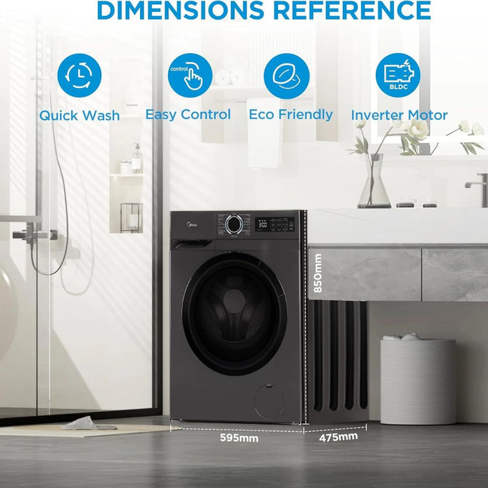 Midea 8KG Front Load Washing Machine with BLDC Inverter Motor | 1400 RPM | 15 Programs | Fully Automatic Washer with Lunar Dial | Integrated Digital Control-LED | MF110W80B/T-GCC
