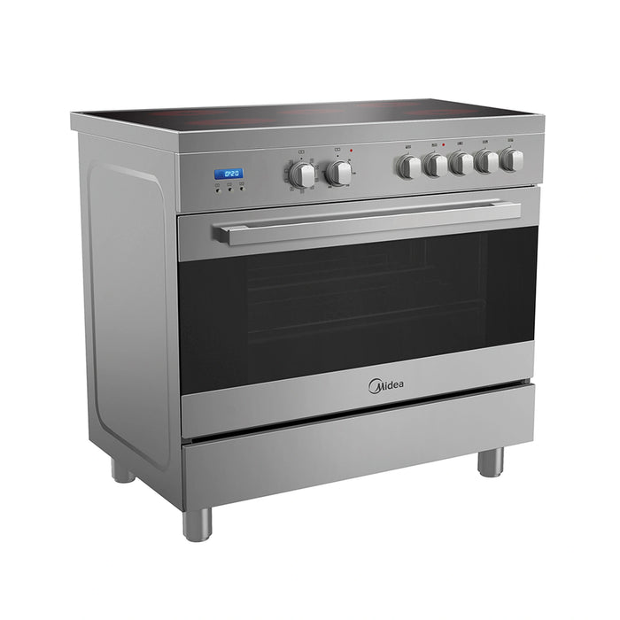 Midea 90x60cm Freestanding Ceramic Cooker | 109L Multifunction Oven | 5 Zones Full Electric Cooking Range | LED Display | Dual Convection Fan | Rotisserie | Digital Timer | Stainless Steel | VSVC96048