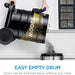 Black drum being emptied into a trash can with text 'EASY EMPTY DRUM' and '220W'.