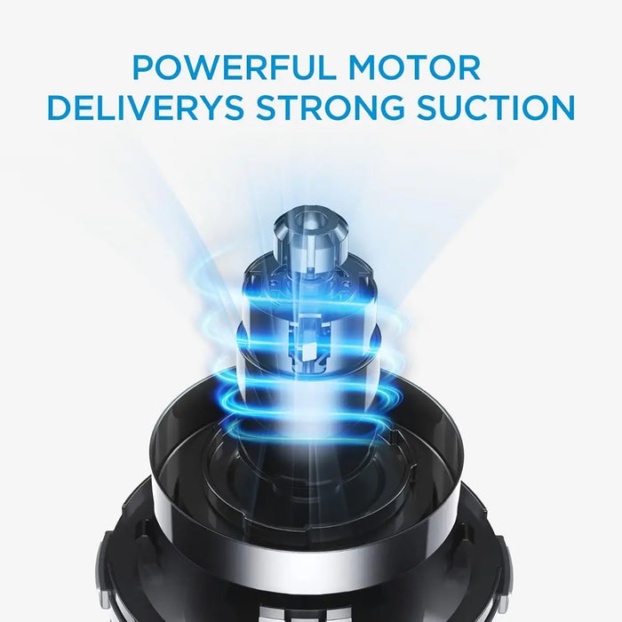 Motor with text 'Powerful motor delivers strong suction' on a white background