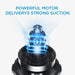 Motor with text 'Powerful motor delivers strong suction' on a white background