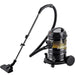 Black and yellow vacuum cleaner with a long hose on a white background
