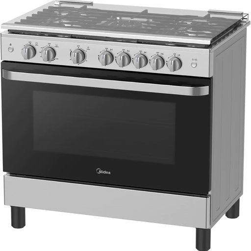 Stainless steel kitchen range with black oven door on a white background