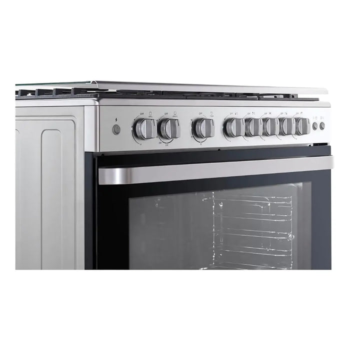 Stainless steel oven with black glass door on a white background