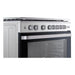 Stainless steel oven with black glass door on a white background