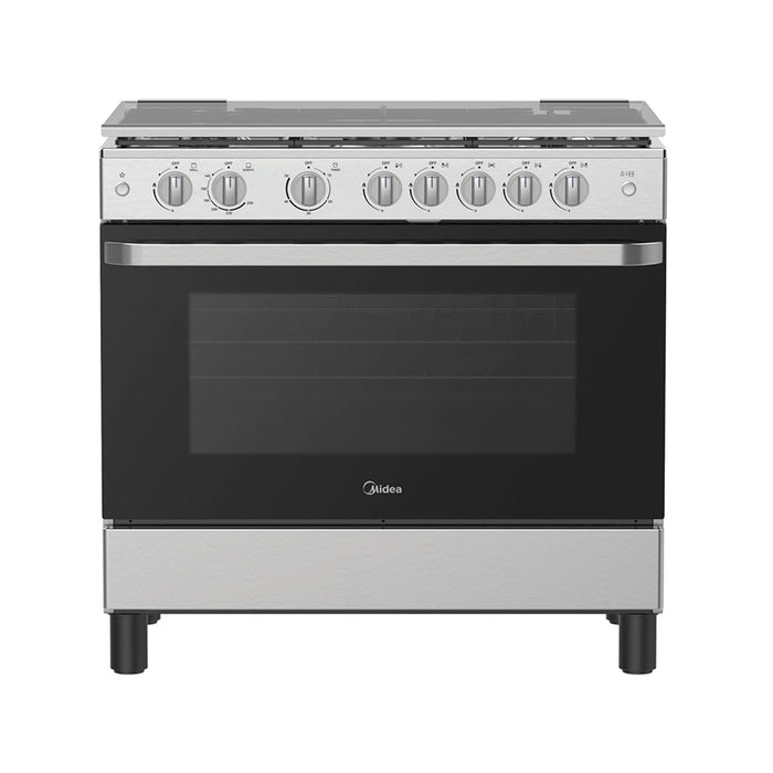 Midea Freestanding Cooker | 90 x 60cm | Full Gas Cooking Range with 5 Burners | Automatic Ignition & Full Safety | Cast Iron Pan Support | Stainless Steel Finish | Separate Knob for Oven & Grill | MFO-MG36LE-SS