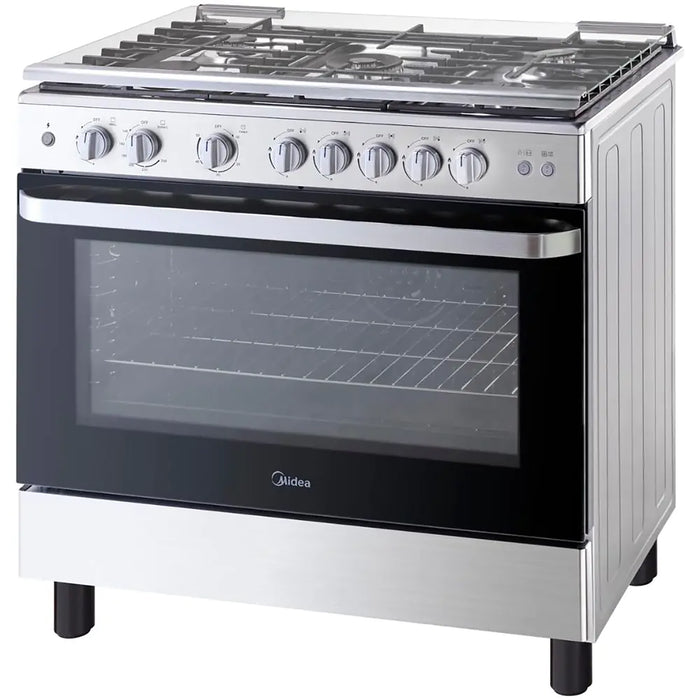 Stainless steel kitchen stove with gas cooktop and oven on a white background