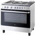 Stainless steel kitchen stove with gas cooktop and oven on a white background