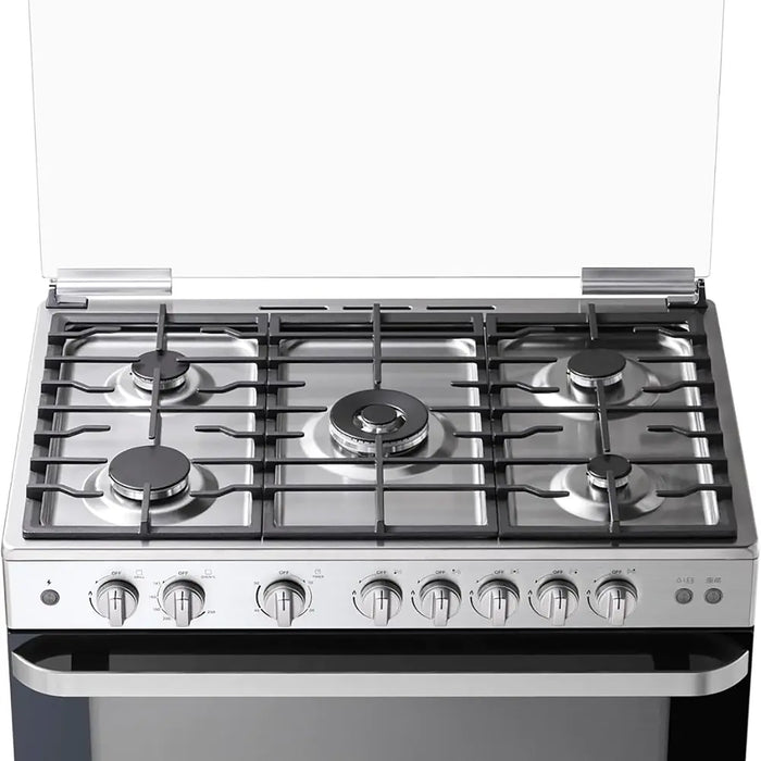 Stainless steel gas stove with five burners on a white background
