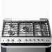 Stainless steel gas stove with five burners on a white background