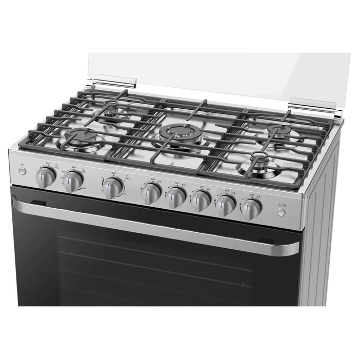 Stainless steel gas range with six burners on a white background