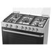 Stainless steel gas range with six burners on a white background