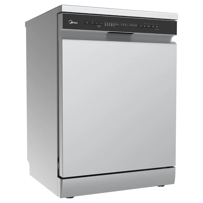 Stainless steel dishwasher on a white background
