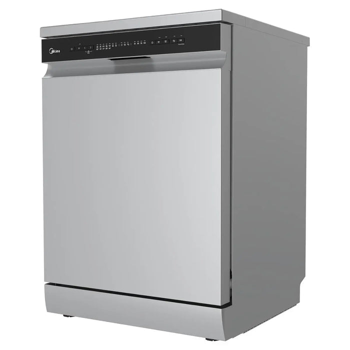 Stainless steel dishwasher with Midea branding on a white background