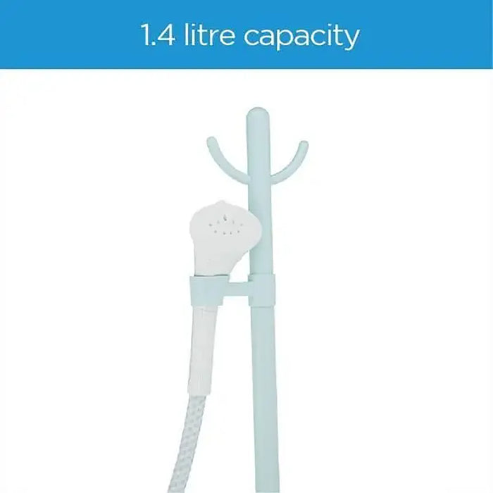Light blue shower head with hose on a white background, labeled '1.4 litre capacity'.