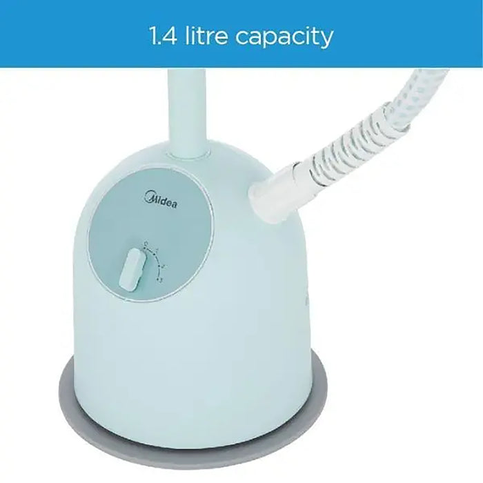 Light blue Midea steamer with a white hose on a white background