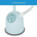 Light blue Midea steamer with a white hose on a white background