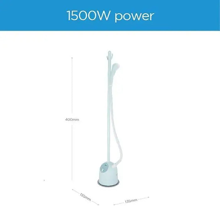 White handheld steamer with dimensions and 1500W power rating on a white background
