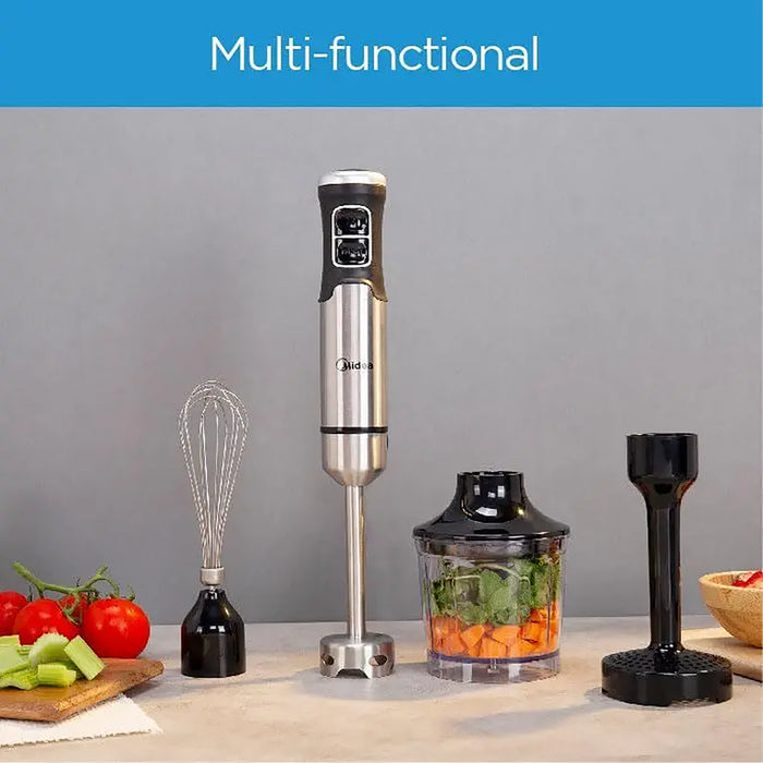 Multifunctional kitchen blender with attachments on a wooden surface