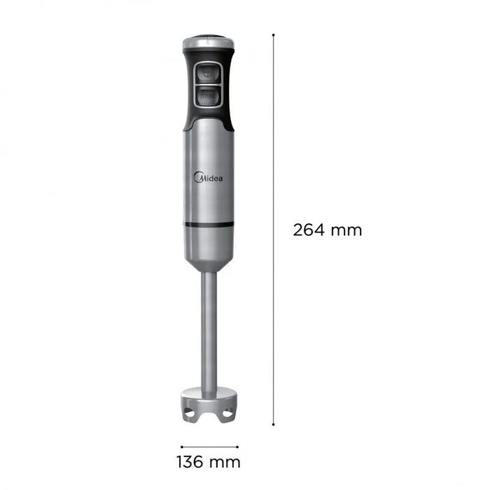 Midea hand blender with dimensions labeled on a white background