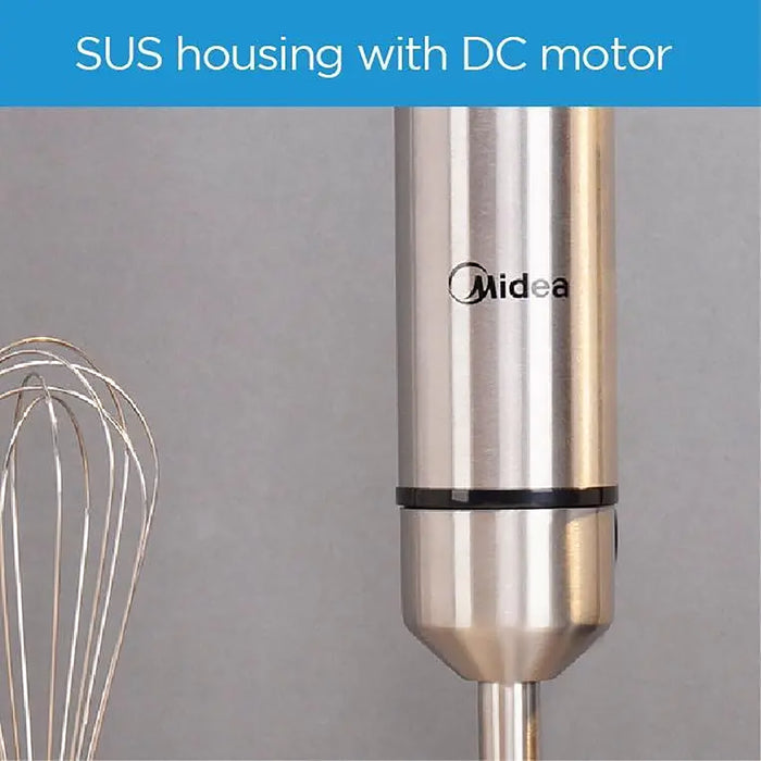 Stainless steel kitchen mixer with Midea branding and whisk attachment on a gray background.
