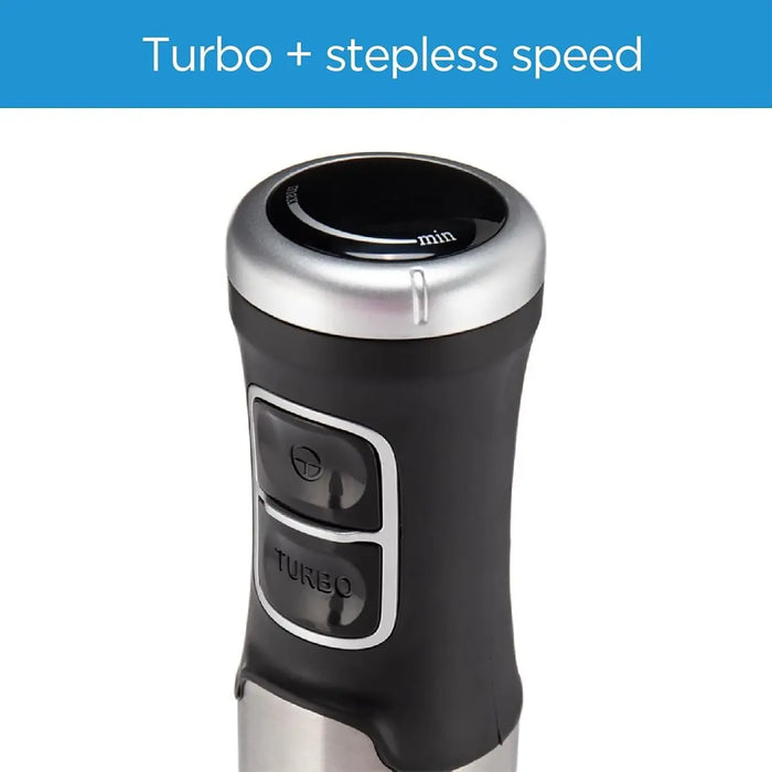 Black and silver electric shaver with turbo and stepless speed features on a white background.