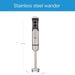 Stainless steel immersion blender with dimensions on a white background