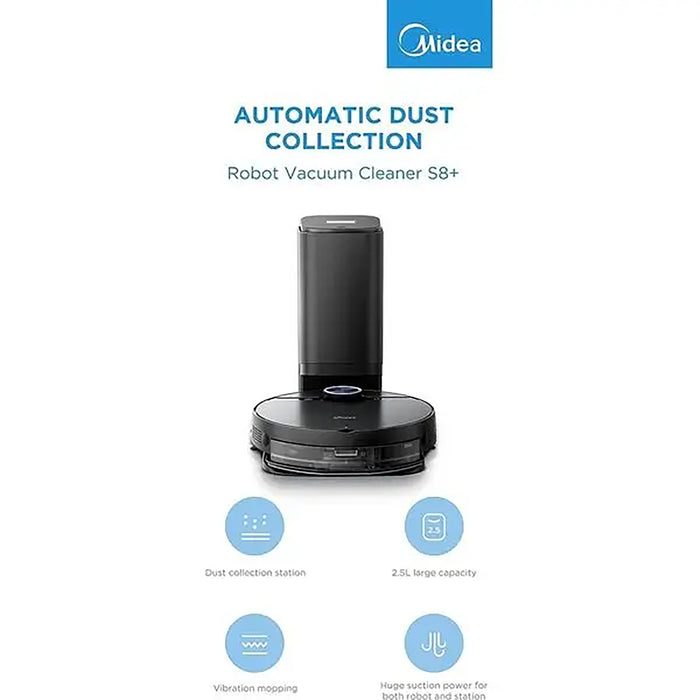 Midea Robot Vacuum Cleaner | 4000Pa Strong Suction | BLDC Motor | App & Voice Control Msmartlife | Dust Bin In Station is 2L for 45 days | Carpet Sensor | Display Screen | Black S8+