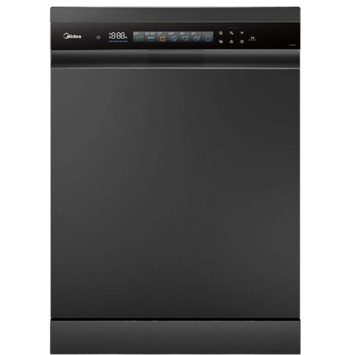 Black dishwasher with digital display on a white background