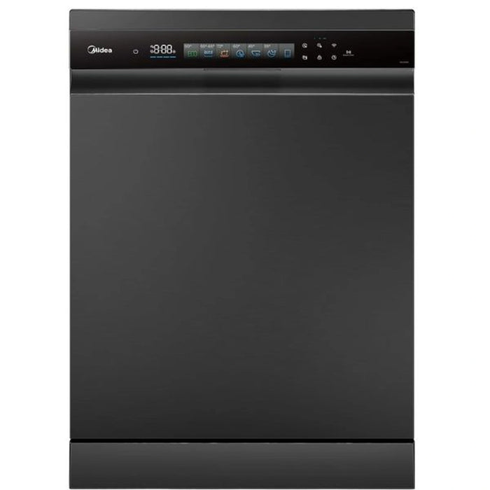 Black dishwasher with digital display on a white background