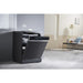 Black dishwasher in a modern kitchen setting with a living room in the background.