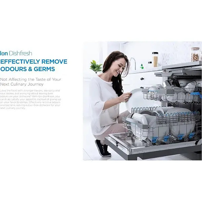 Woman using a dishwasher with text about dishfresh product.