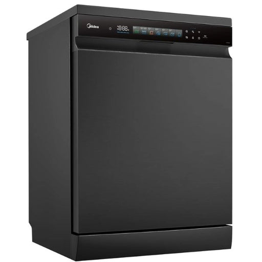 Black dishwasher with Midea branding on a white background
