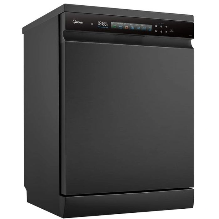 Black dishwasher with Midea branding on a white background
