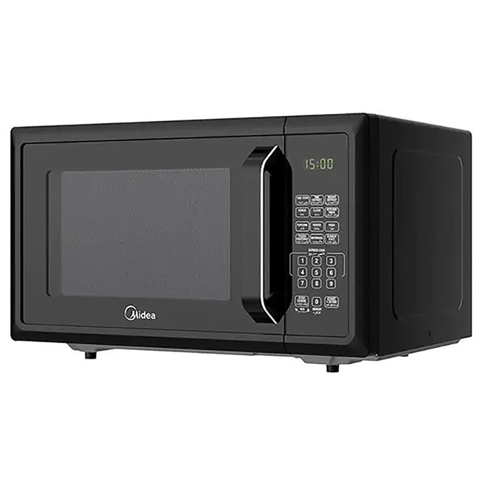 Black microwave oven with digital display on a white background