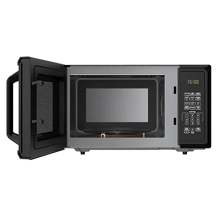 Black microwave oven with open door on a white background