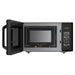 Black microwave oven with open door on a white background