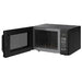 Black microwave oven with open door on a white background
